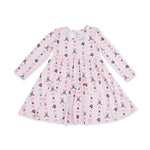 Long sleeve twirly dress with a full skirt in a hockey stripe pattern