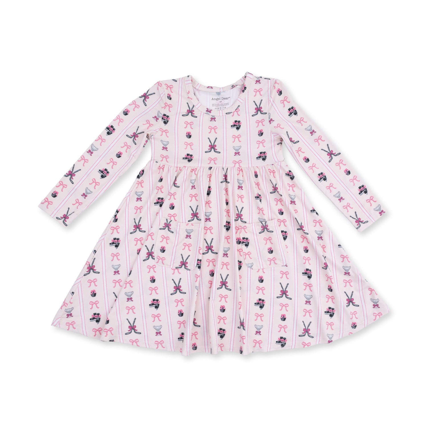 Long sleeve twirly dress with a full skirt in a hockey stripe pattern