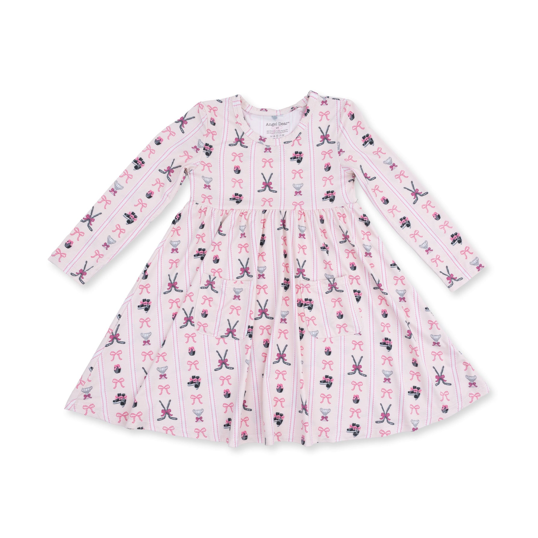 Long sleeve twirly dress with a full skirt in a hockey stripe pattern