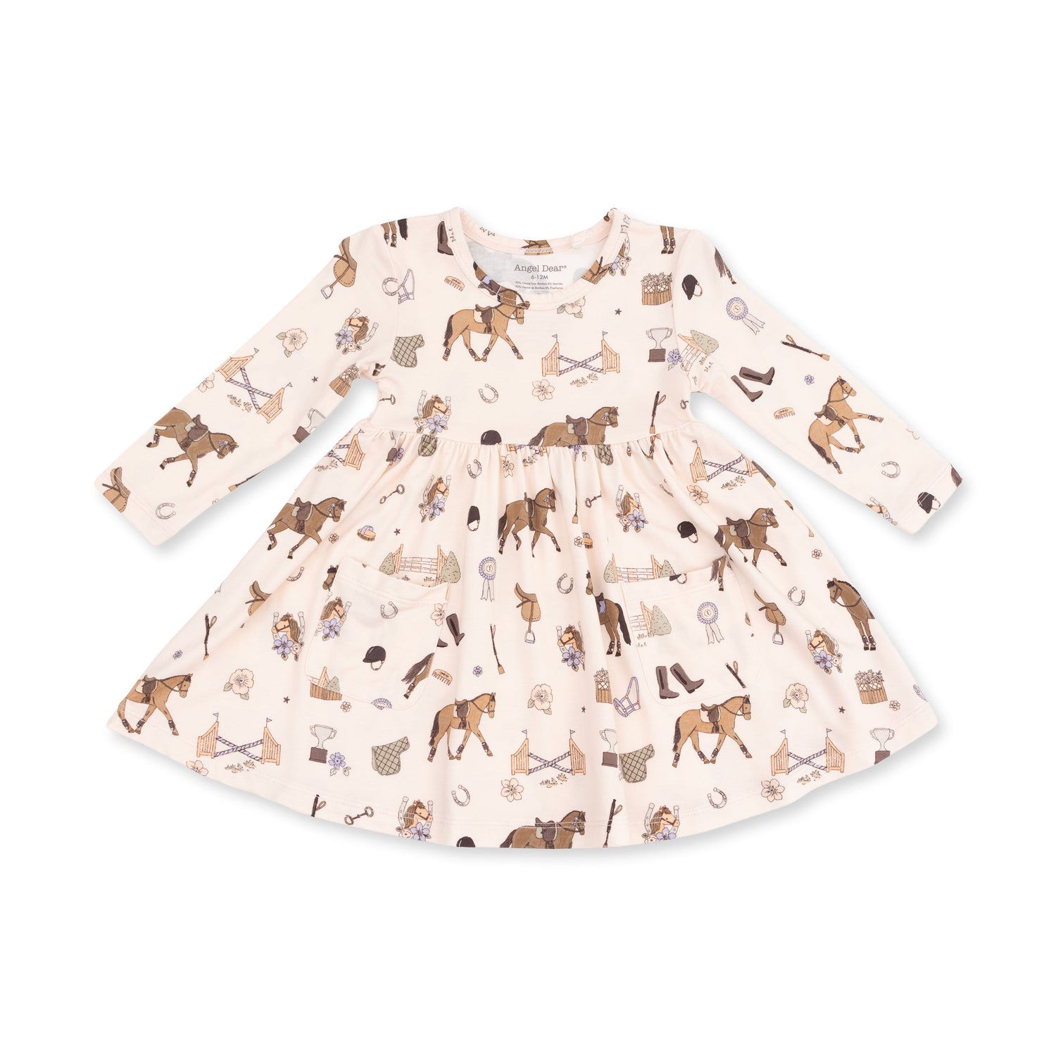 Long sleeve twirly dress in a pretty equestrian horse print with a full skirt.
