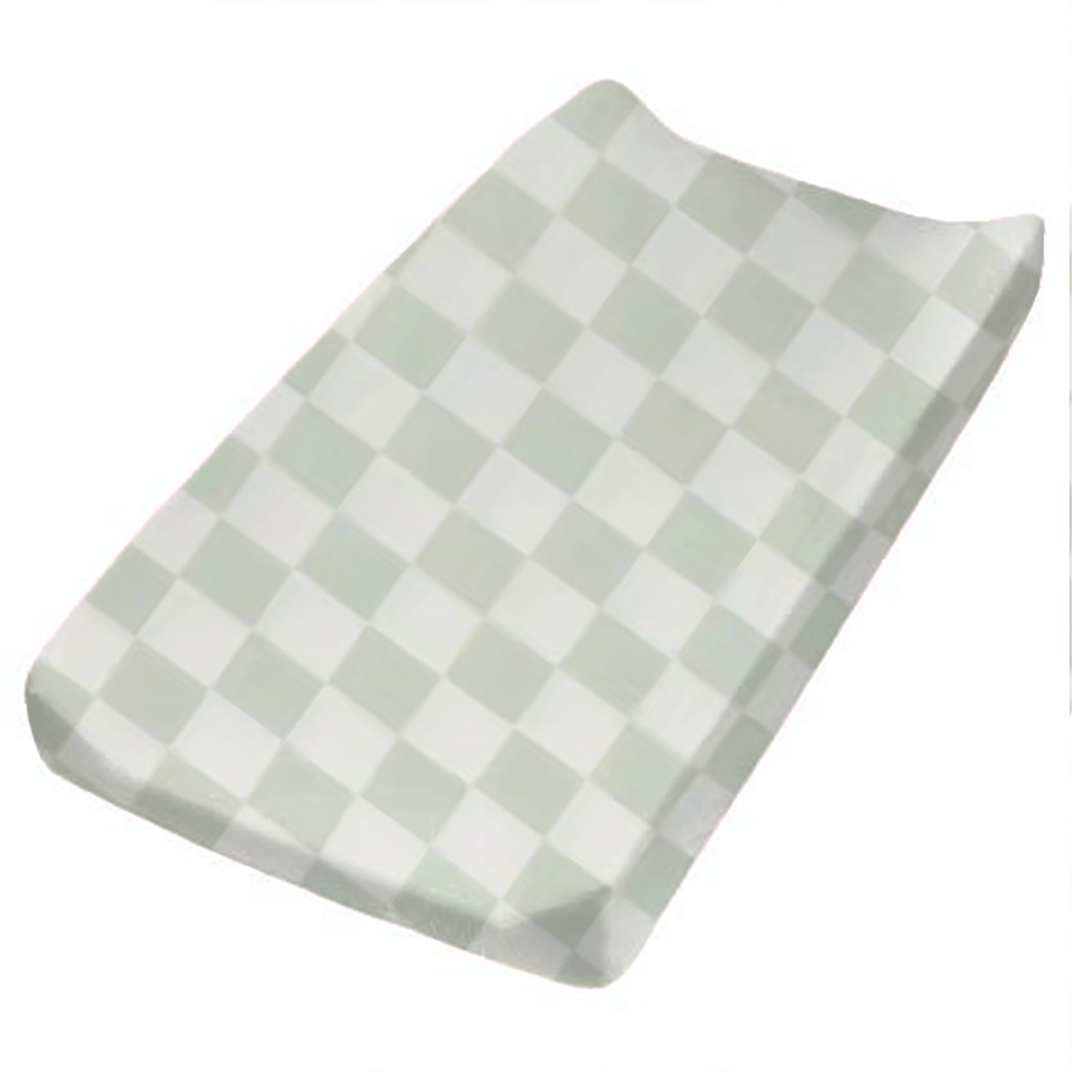 Leaf green and white checkered organic changing pad cover by Little Mae & Co on a changing table