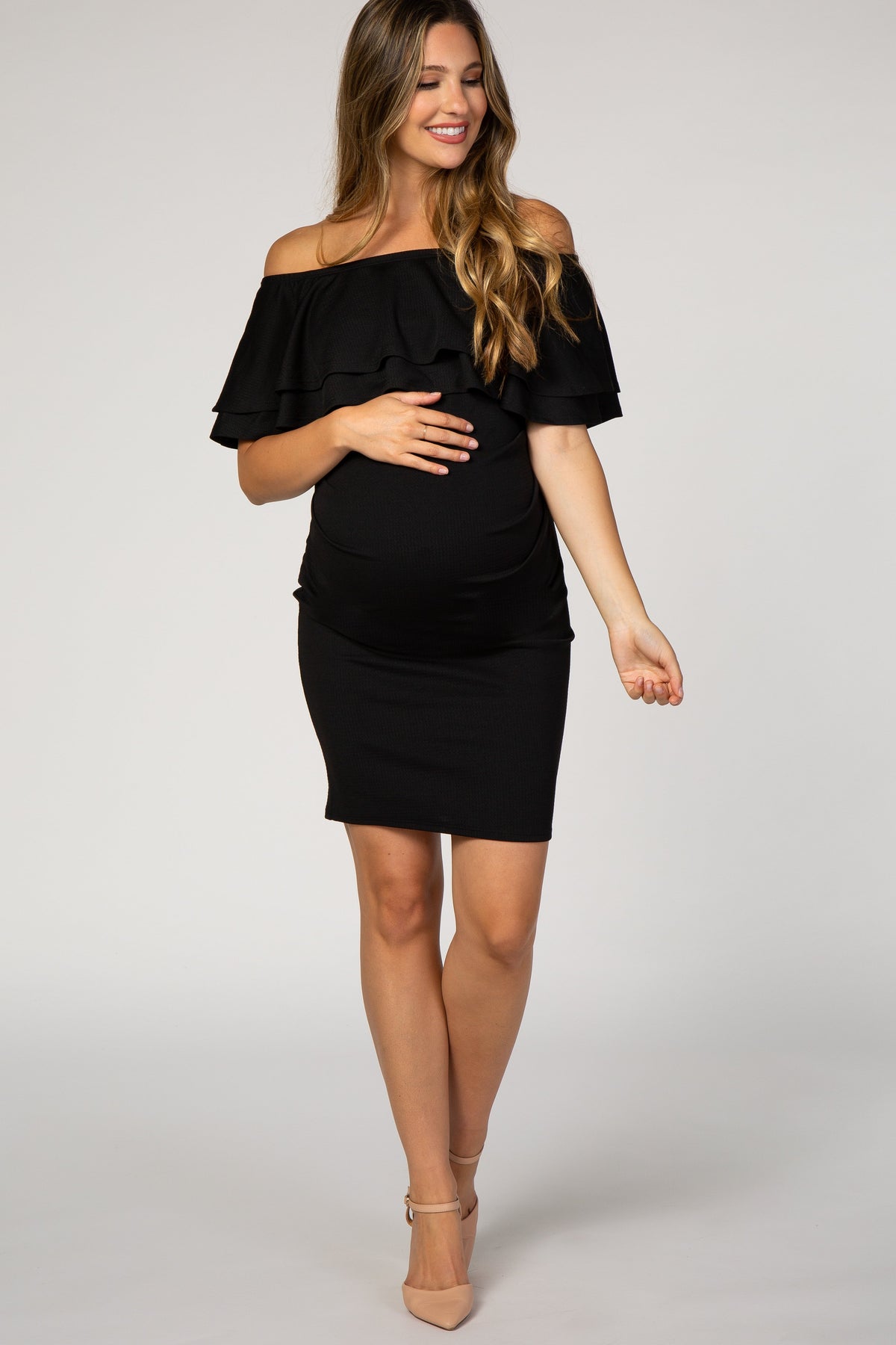 Ruched Off Shoulder Maternity Dress by PinkBlush (view 1 of 5)
