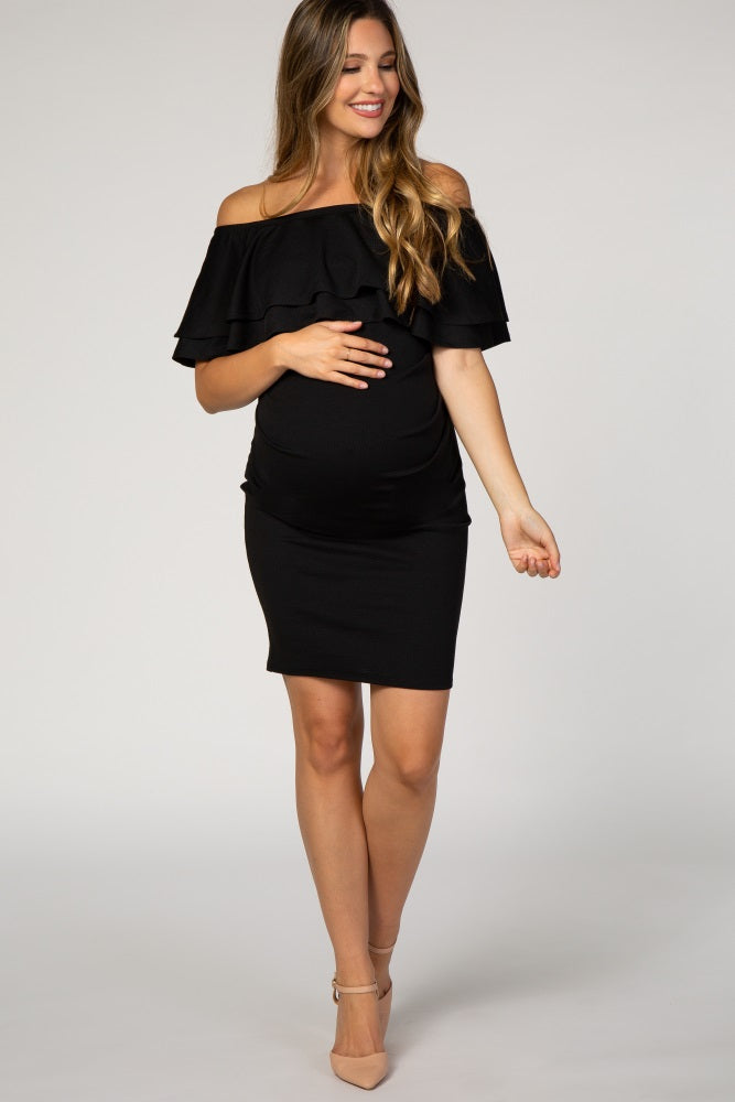 Black Off Shoulder Ruched Maternity Dress by PinkBlush at Everetts Place