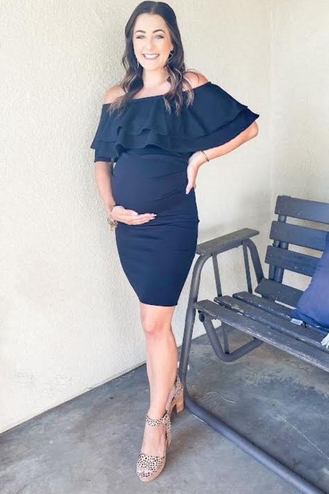 Black Off Shoulder Ruched Maternity Dress by PinkBlush at Everetts Place