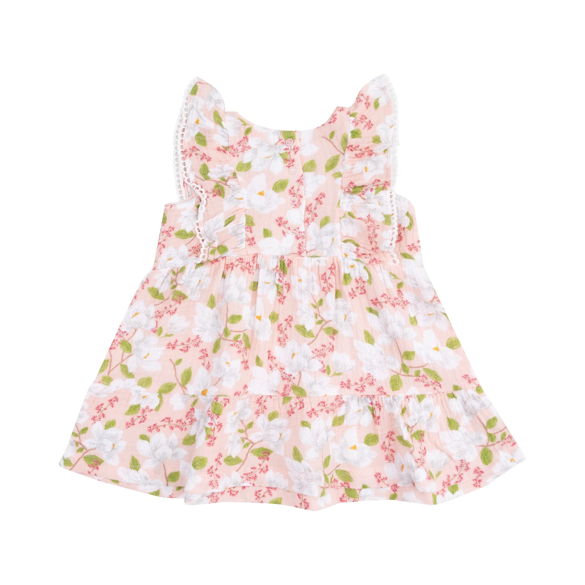 Picot Trim Edged Dress and Diaper Cover Magnolias Organic Muslin Baby Outfit.