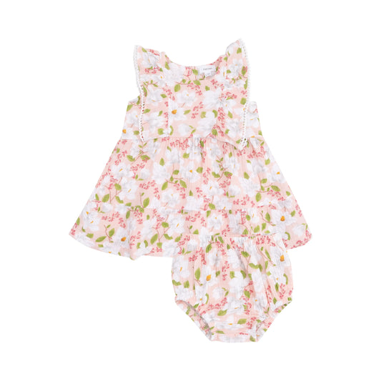 Picot Trim Edged Dress and Diaper Cover Magnolias Organic Muslin Baby Outfit.
