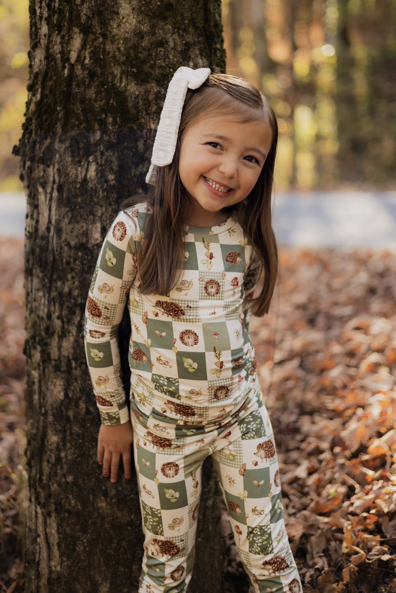 Two-piece bamboo pajama set with a harvest hedgehog print, long-sleeve top and matching pants.