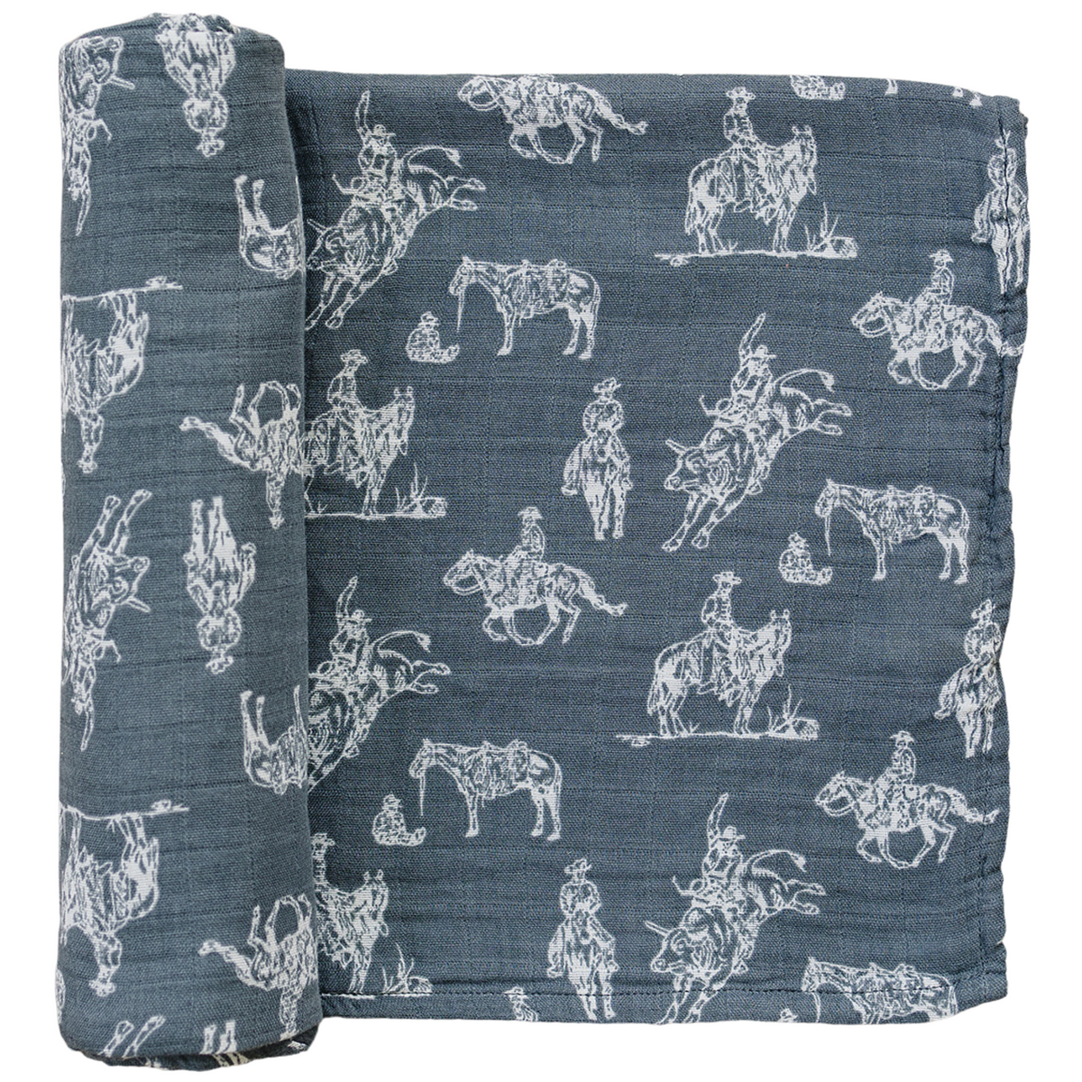 Mebie Baby Wild West muslin swaddle blanket with desert print: cacti, longhorns, western elements.