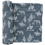 Mebie Baby Wild West muslin swaddle blanket with desert print: cacti, longhorns, western elements.