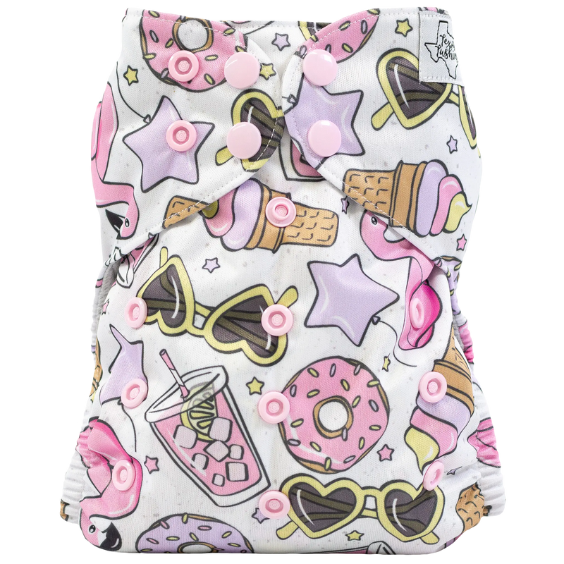 Slim fit pocket cloth diaper with colorful ice cream, donut, star, and sunglasses print, featuring adjustable snaps.