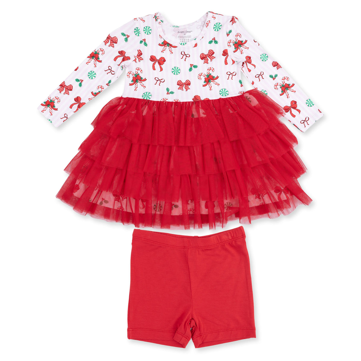 Long sleeve tutu dress with bows and candy canes print bodice and layered tulle skirt, with matching short
