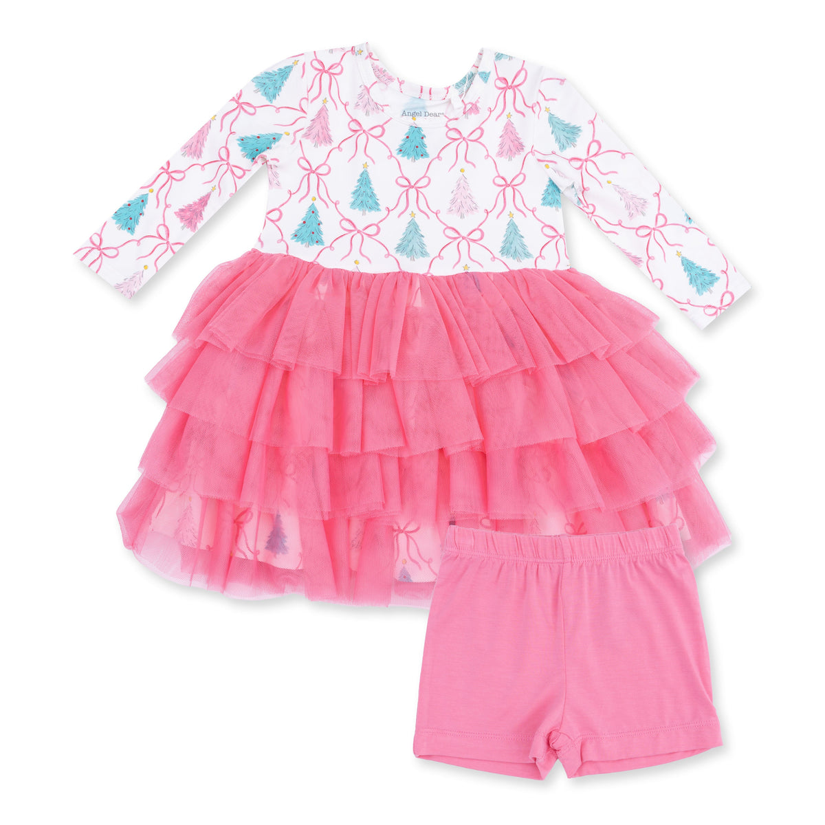 Long sleeve baby dress in Bow Trellis Tree print with layered tulle skirt and matching cartwheel short