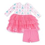 Long sleeve baby dress in Bow Trellis Tree print with layered tulle skirt and matching cartwheel short