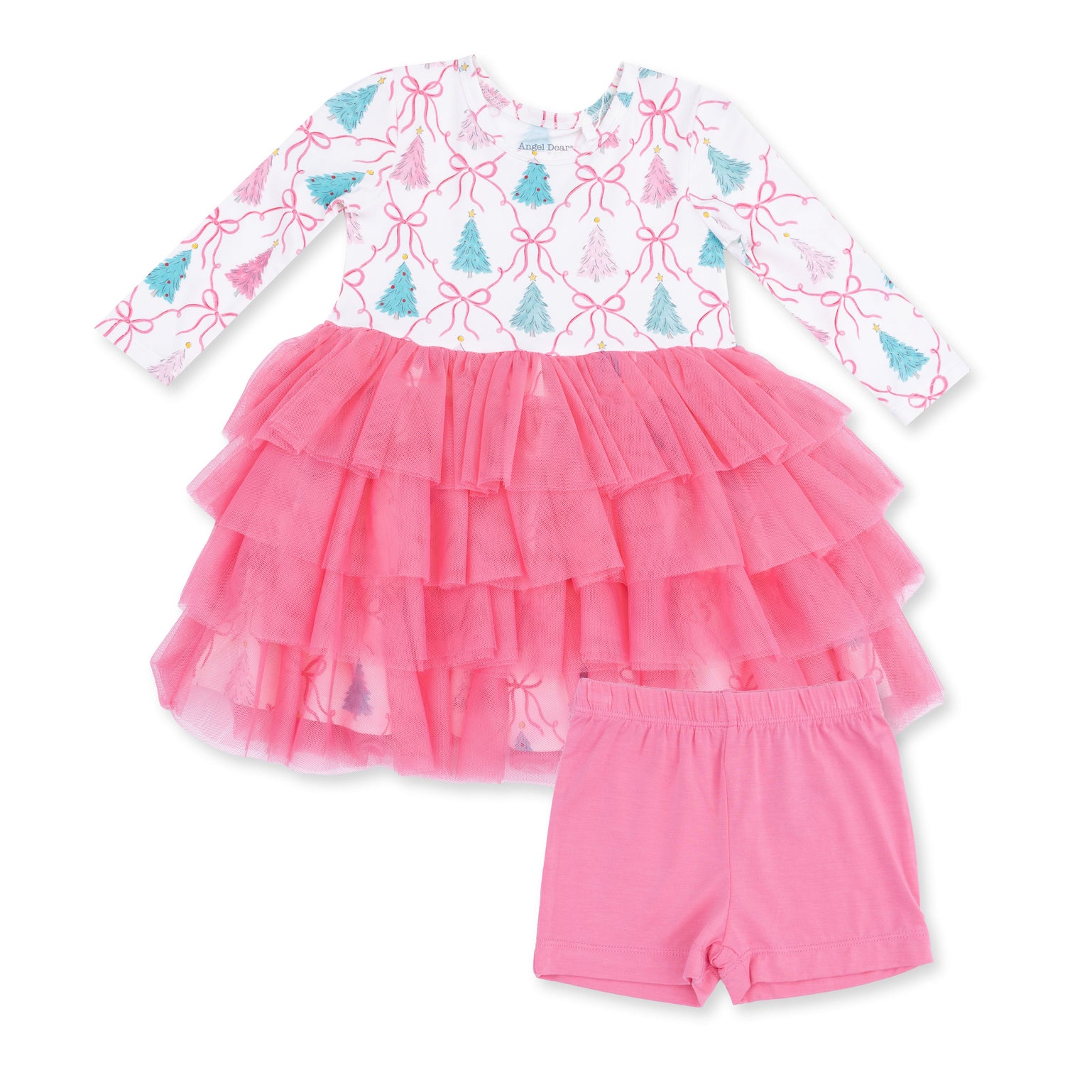 Long sleeve baby dress in Bow Trellis Tree print with layered tulle skirt and matching cartwheel short