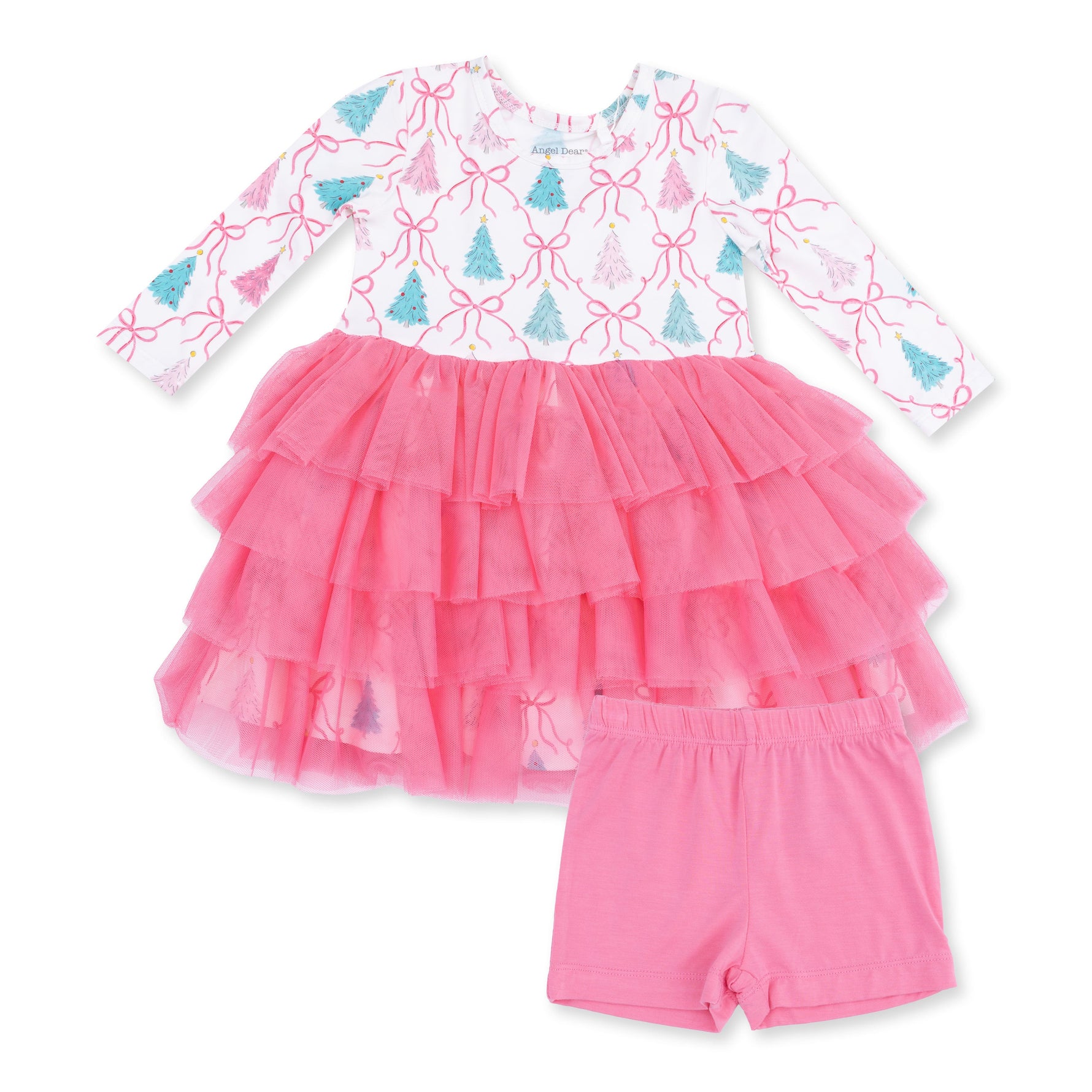 Long sleeve baby dress in Bow Trellis Tree print with layered tulle skirt and matching cartwheel short