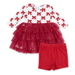 Long sleeve baby dress with festive bow print bodice, layered tulle skirt, and matching cartwheel short