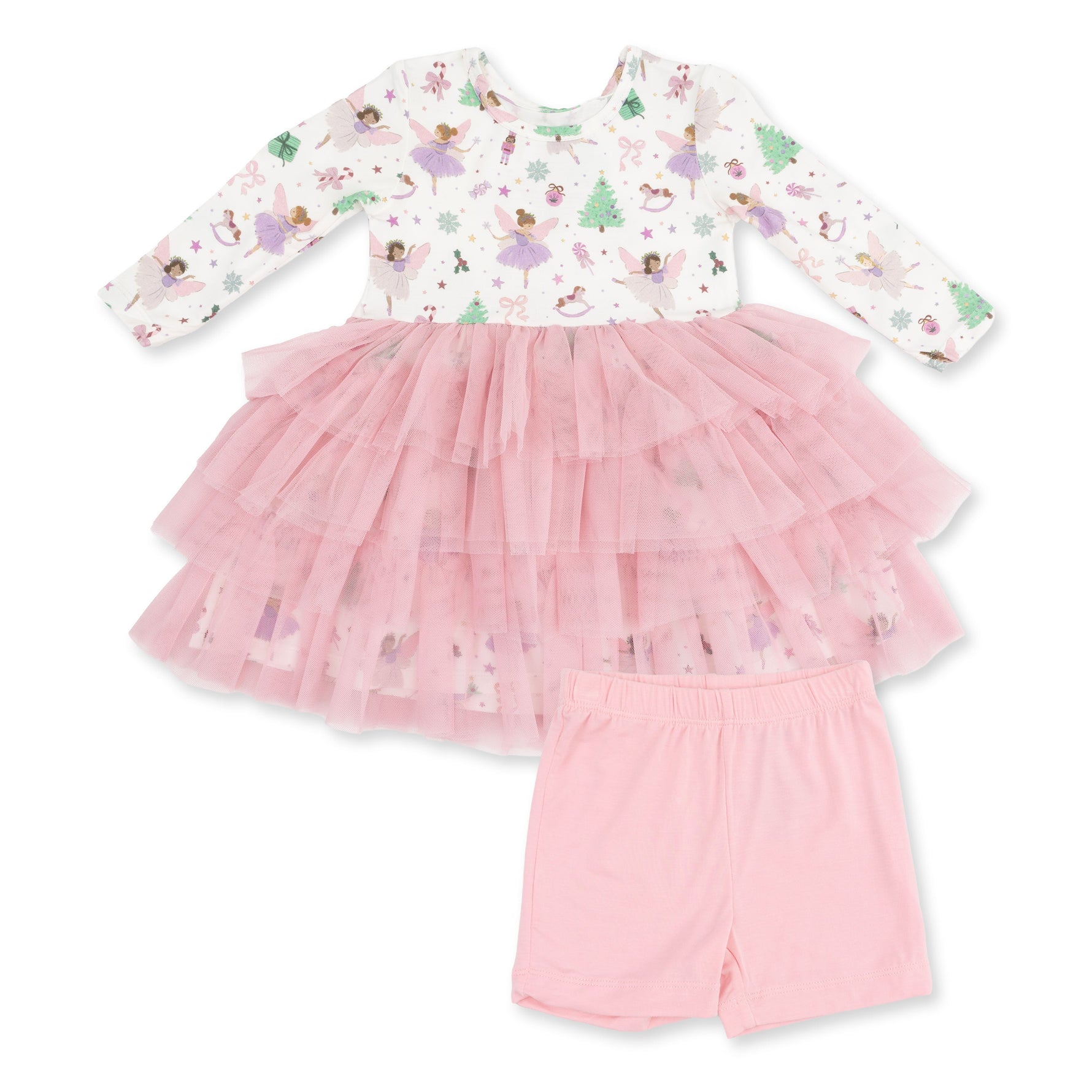 Long sleeve Sugar Plum Fairies print dress with layered tulle skirt and matching cartwheel short