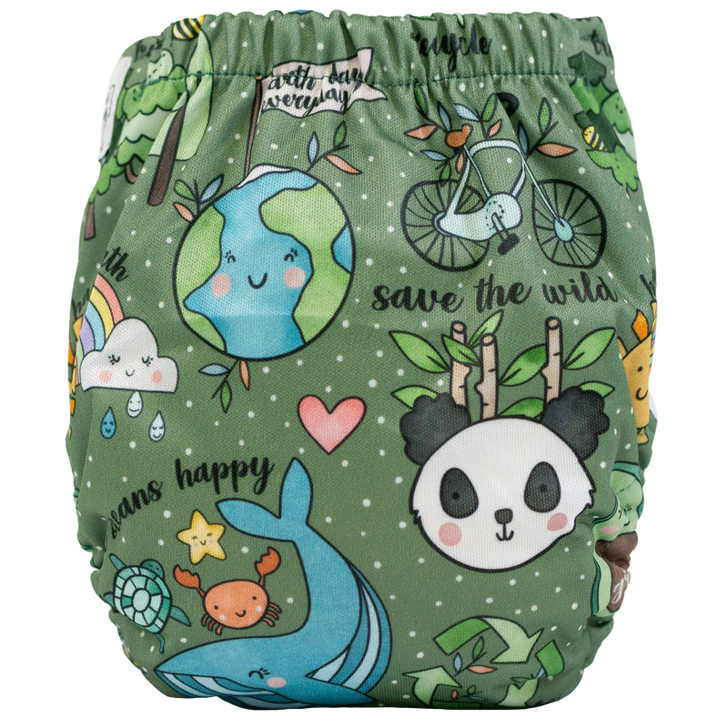 Tiny Tushies Newborn AIO Cloth Diaper with eco-friendly print and adjustable snaps.
