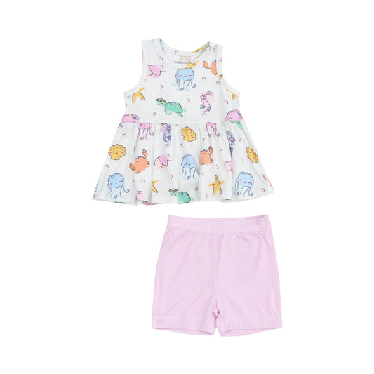 Peplum Tank Top And Bike Short Set With Cute Sea Creatures.