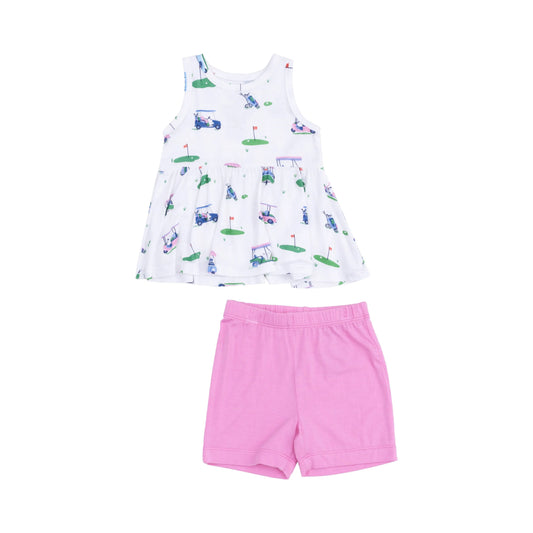 Peplum Tank Top and Bike Short Set Vintage Golf Carts Pink.