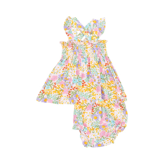 Ruffle Strap Smocked Top and Diaper Cover Set Amelia Floral.