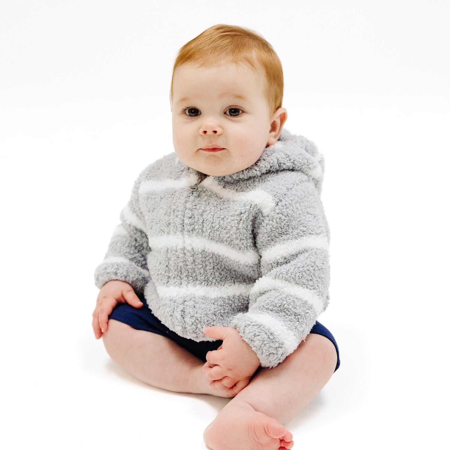 Chenille hooded baby jacket in grey and ivory stripe with a full hood
