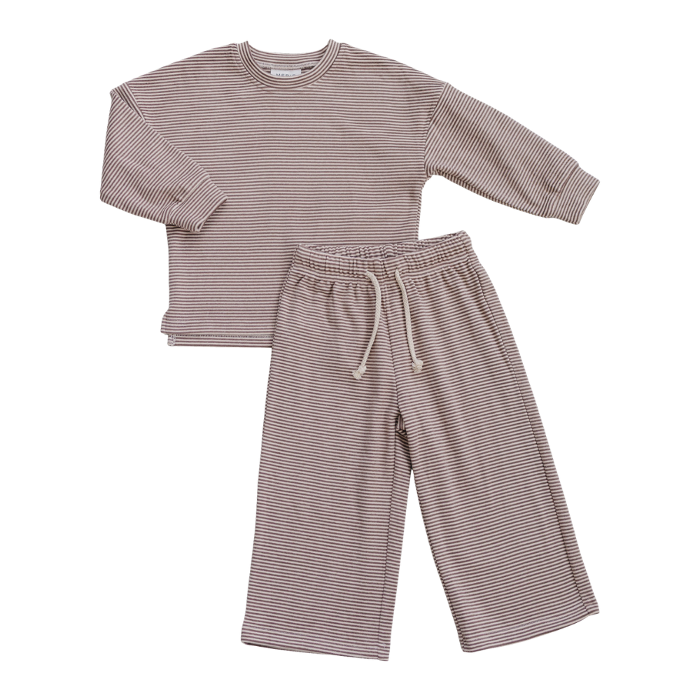 Striped two-piece loungewear set with a long sleeve top and matching pants
