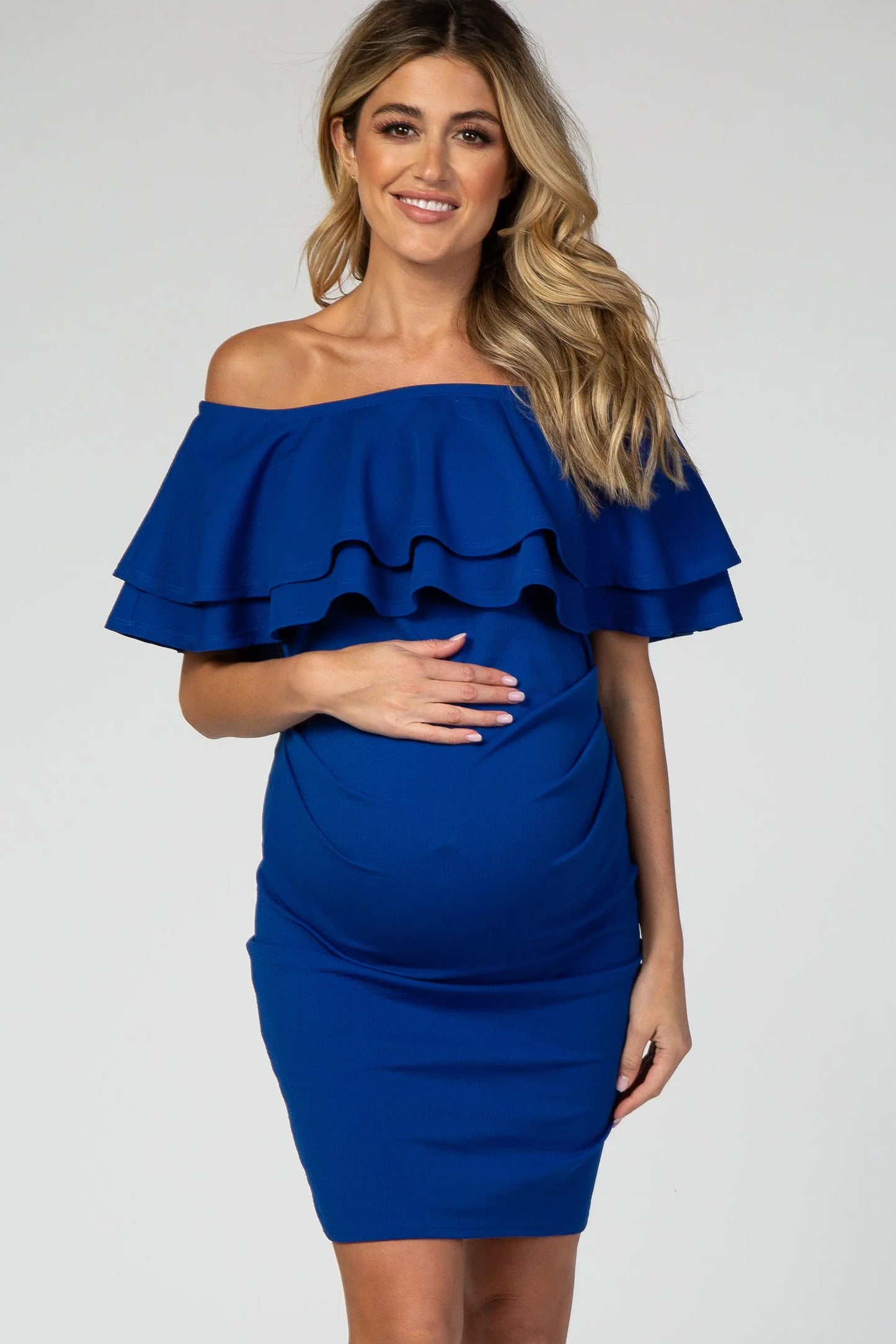 PinkBlush PinkBlush Royal Blue Off Shoulder Ruched Maternity Dress for Expecting Moms - Apparel & Accessories > Clothing > Dresses