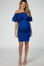 PinkBlush PinkBlush Royal Blue Off Shoulder Ruched Maternity Dress for Expecting Moms - Apparel & Accessories > Clothing > Dresses