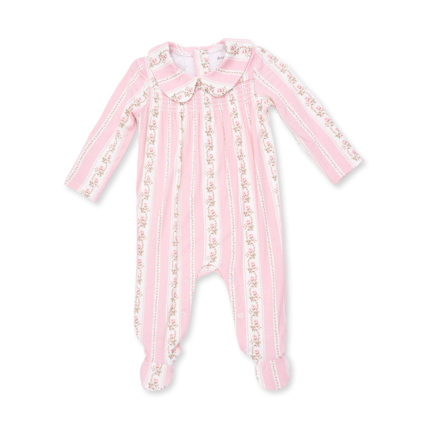 Baby footie in Antoinette stripe with smocked front and a Peter Pan collar, snap closure down the front.