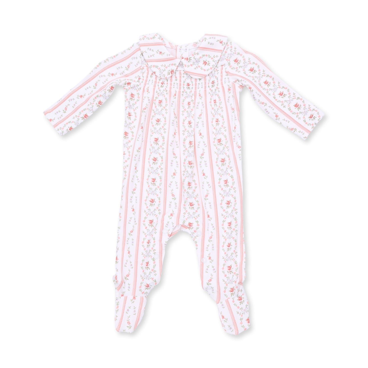 Footie pajamas in a rosebud stripe print with smocked front detail and a white Peter Pan collar.