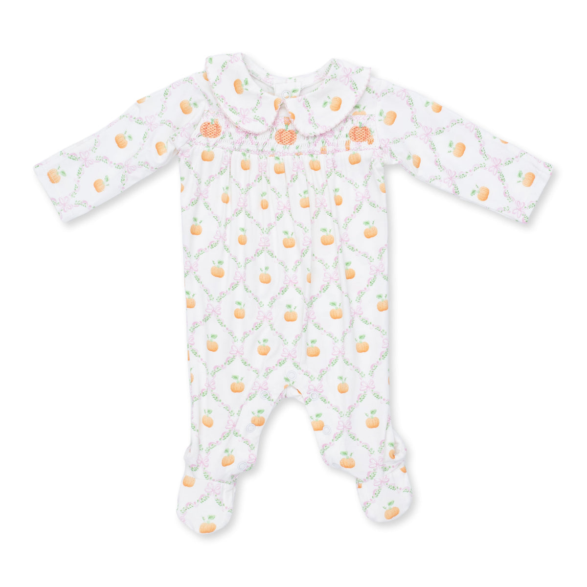 Pretty Pumpkin Trellis - Smocked Peter Pan Snap Footie by Angel Dear