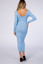 Light Blue V-Neck Long Sleeve Fitted Maternity Maxi Dress by PinkBlush (view 3 of 5)