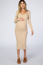 Taupe V-Neck Long Sleeve Fitted Maternity Maxi Dress by PinkBlush (view 3 of 27)