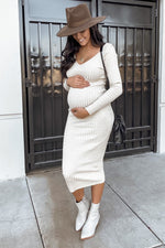 Taupe V-Neck Long Sleeve Fitted Maternity Maxi Dress by PinkBlush (view 2 of 27)