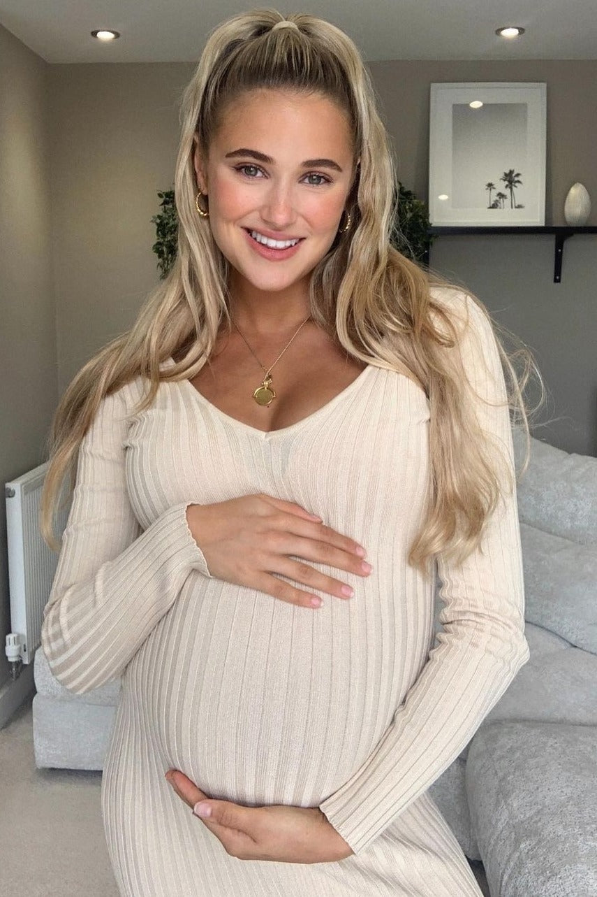 Taupe V-Neck Long Sleeve Fitted Maternity Maxi Dress by PinkBlush (view 8 of 27)