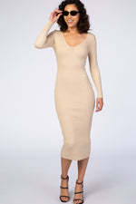 Taupe V-Neck Long Sleeve Fitted Maternity Maxi Dress by PinkBlush (view 27 of 27)