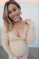 Taupe V-Neck Long Sleeve Fitted Maternity Maxi Dress by PinkBlush (view 9 of 27)