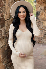 Taupe V-Neck Long Sleeve Fitted Maternity Maxi Dress by PinkBlush (view 11 of 27)