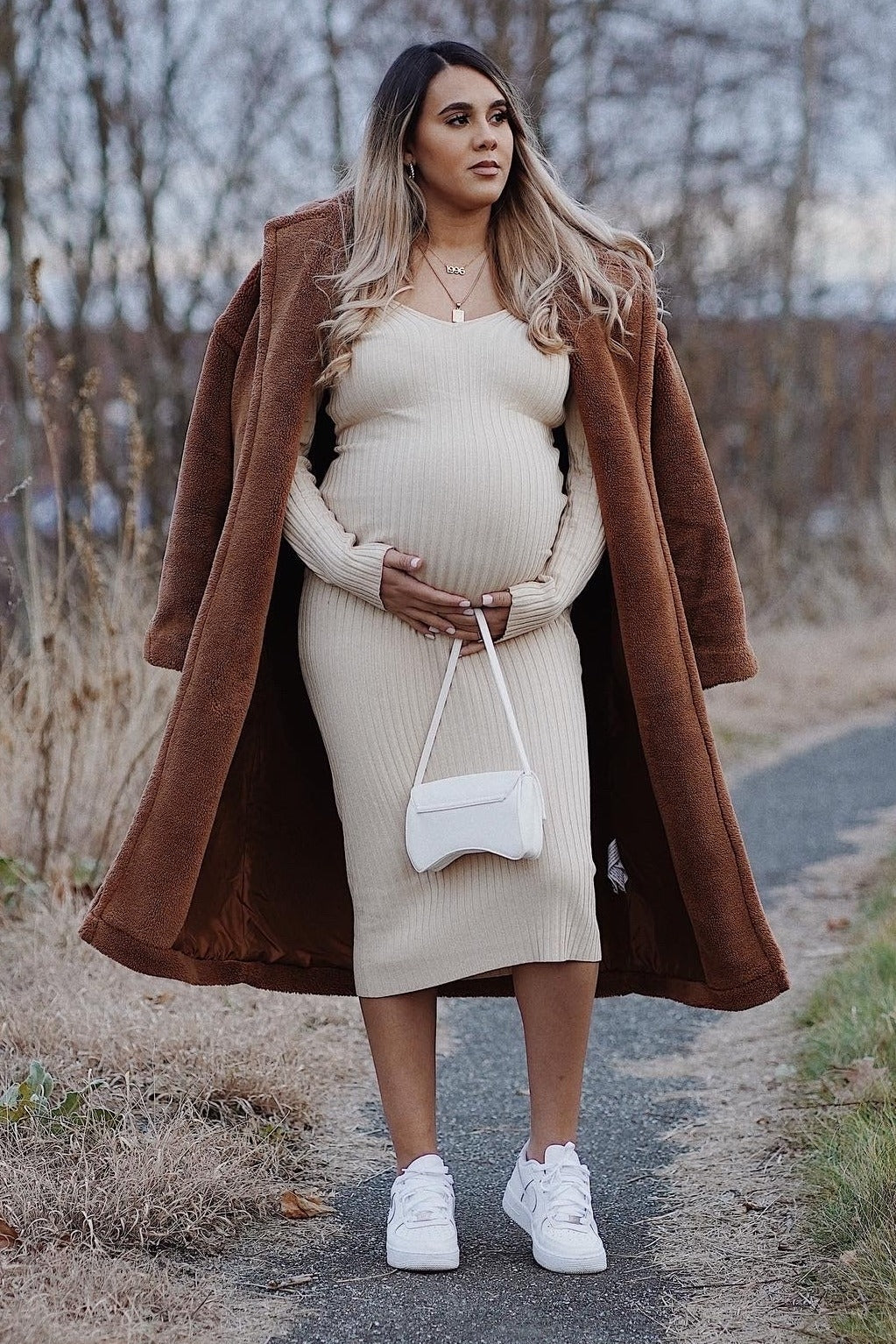 Taupe V-Neck Long Sleeve Fitted Maternity Maxi Dress by PinkBlush (view 12 of 27)