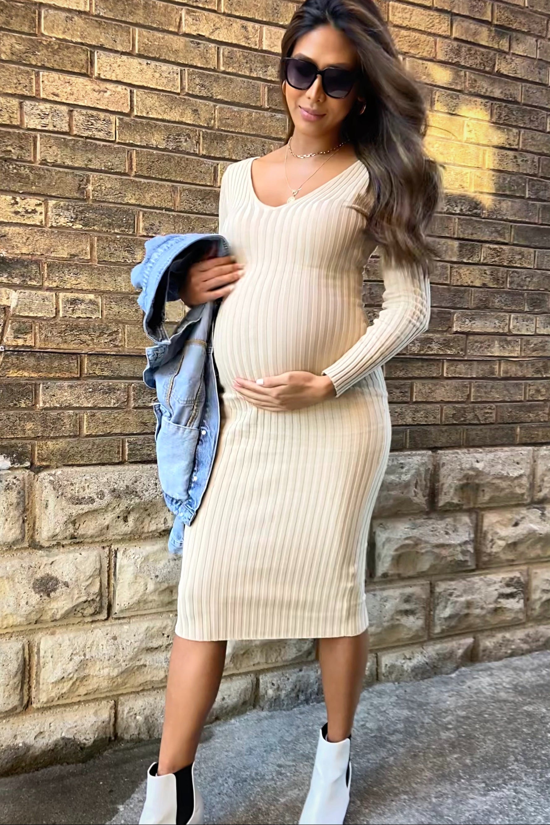 Taupe V-Neck Long Sleeve Fitted Maternity Maxi Dress by PinkBlush (view 13 of 27)