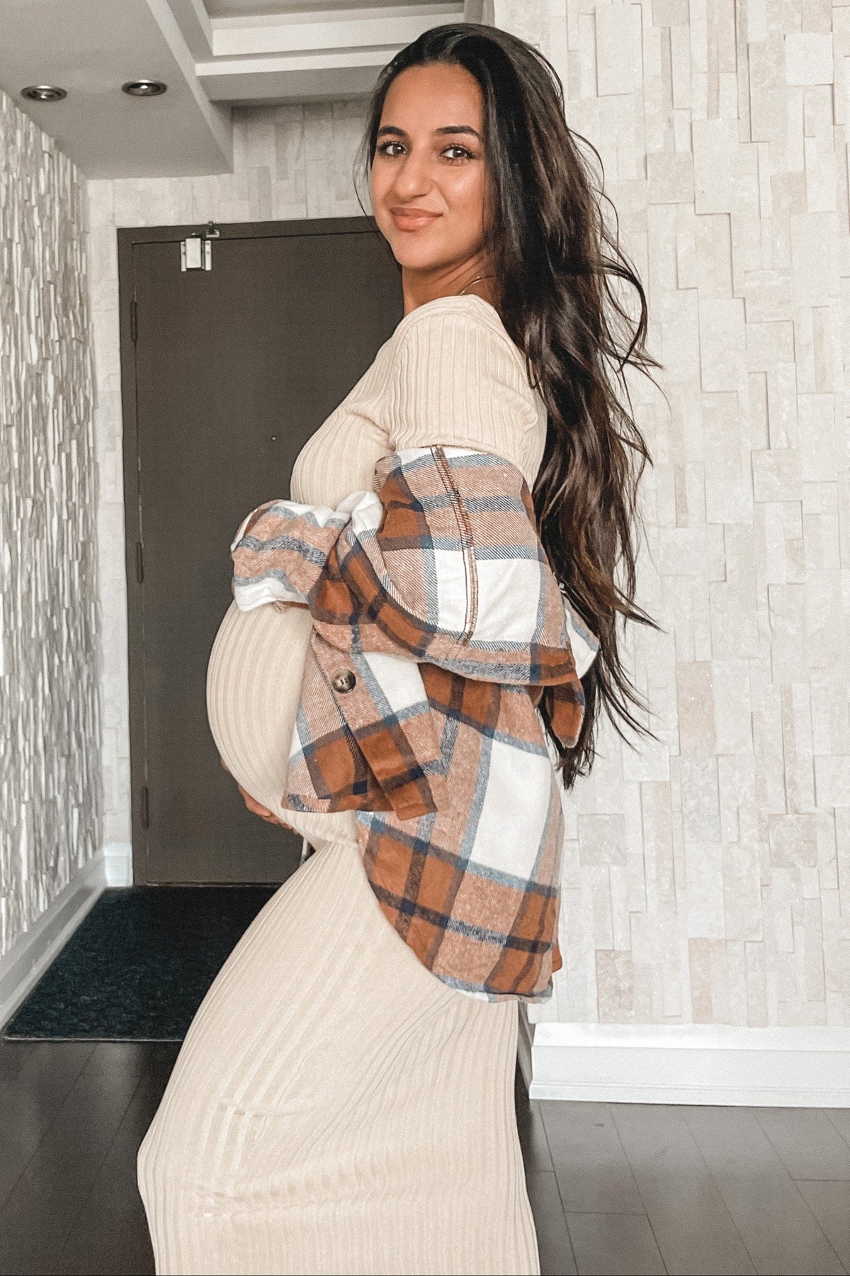 Taupe V-Neck Long Sleeve Fitted Maternity Maxi Dress by PinkBlush (view 18 of 27)