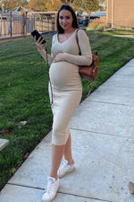 Taupe V-Neck Long Sleeve Fitted Maternity Maxi Dress by PinkBlush (view 19 of 27)