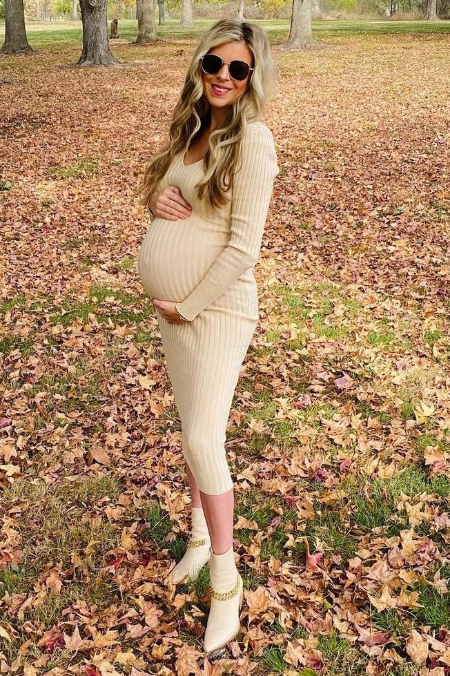 Taupe V-Neck Long Sleeve Fitted Maternity Maxi Dress by PinkBlush (view 23 of 27)