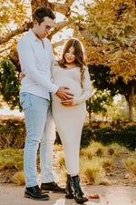 Taupe V-Neck Long Sleeve Fitted Maternity Maxi Dress by PinkBlush (view 24 of 27)
