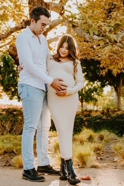 Taupe V-Neck Long Sleeve Fitted Maternity Maxi Dress by PinkBlush (view 24 of 27)