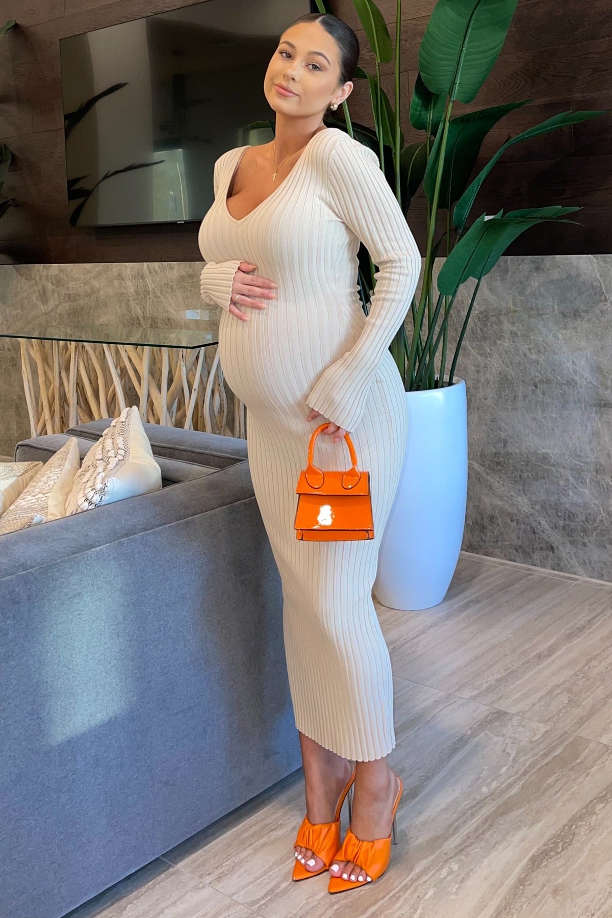 Taupe V-Neck Long Sleeve Fitted Maternity Maxi Dress by PinkBlush (view 25 of 27)