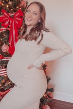 Taupe V-Neck Long Sleeve Fitted Maternity Maxi Dress by PinkBlush (view 26 of 27)