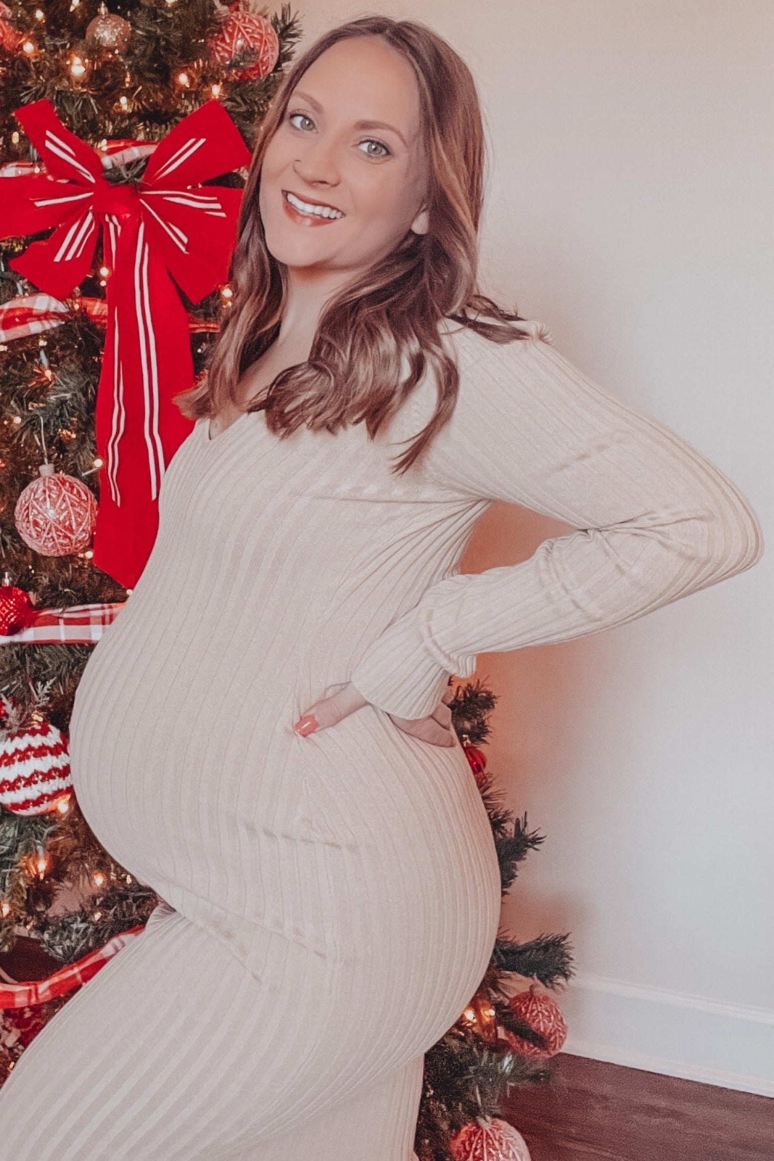Taupe V-Neck Long Sleeve Fitted Maternity Maxi Dress by PinkBlush (view 26 of 27)