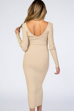 Taupe V-Neck Long Sleeve Fitted Maternity Maxi Dress by PinkBlush (view 5 of 27)
